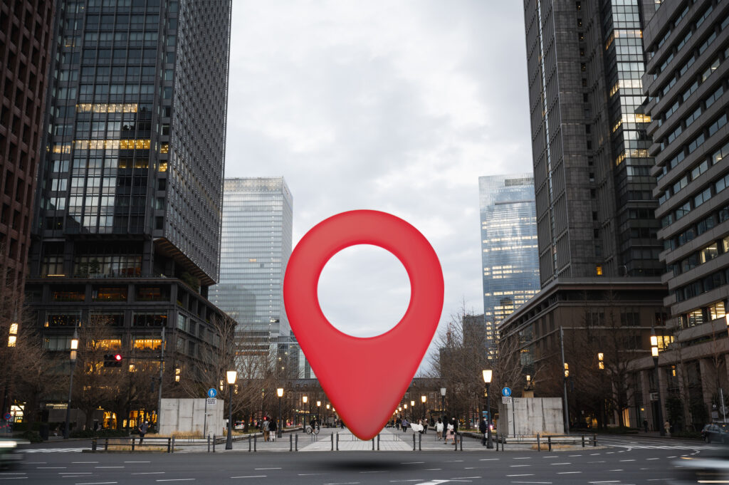 location symbol with landscape background