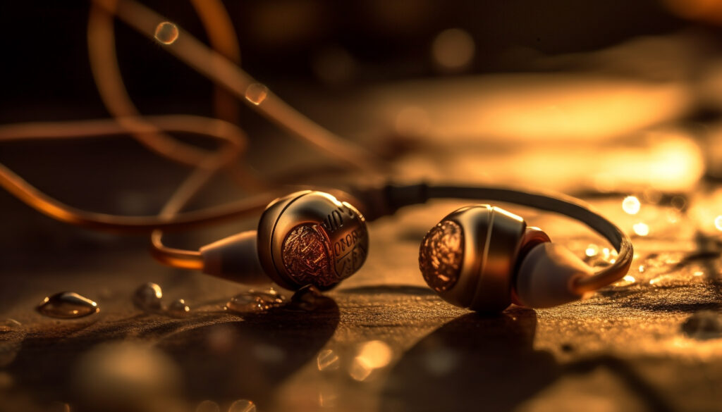 shiny metal headphones on wooden table foreground generated by ai